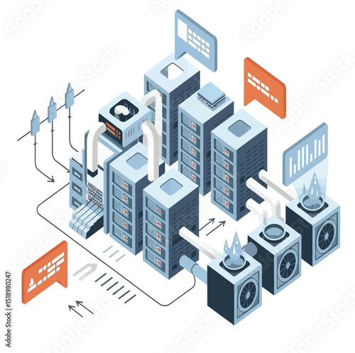 Isometric illustration of a modern data center cooling system and server racks