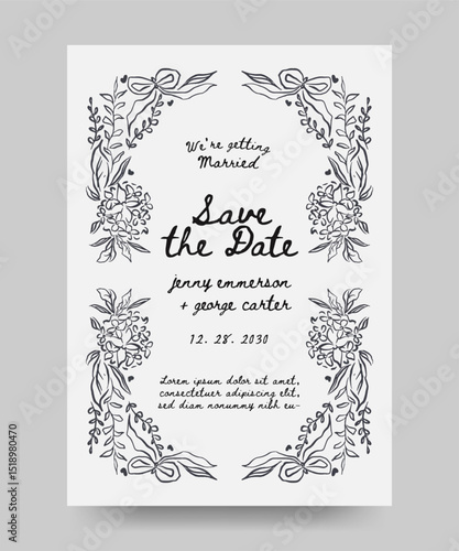 Save the date wedding poster with hand drawn whimsical hydrangea flower and ribbon bow illustration. scribble line art style.