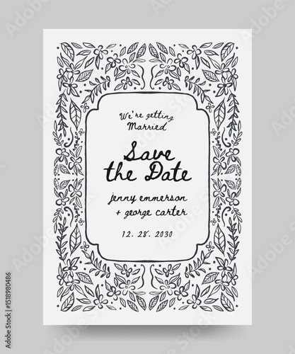 Save the date wedding poster with hand drawn flower frame illustration. scribble line art style.