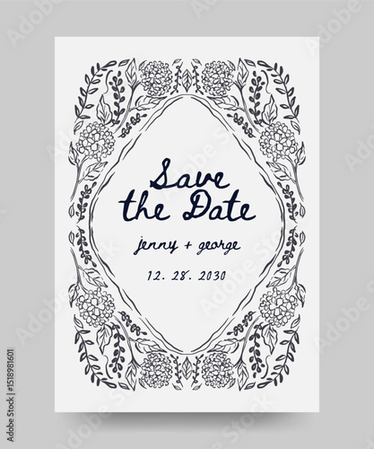 Save the date wedding poster with hand drawn whimsical hydrangea flower illustration. scribble line art style.