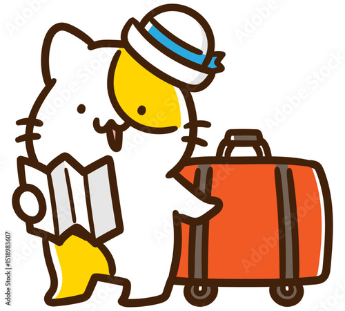大きな旅行カバンを持ってパンフレットを確認するかわいいねこのキャラクターのデフォルメイラスト