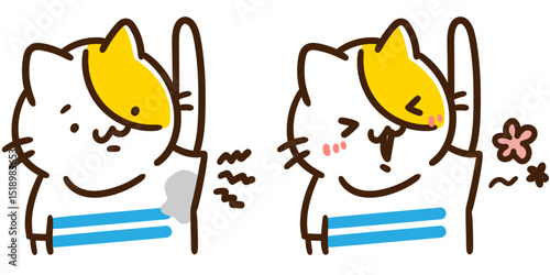 脇汗を気にするねこのキャラクターのかわいいビフォーアフターのセットイラスト