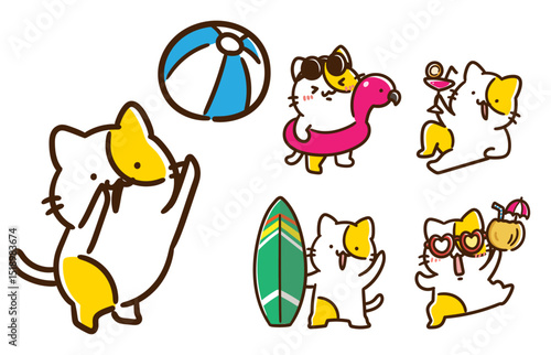 夏休みにバカンスを楽しむコミカルなねこのデフォルメイラストセット