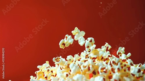 Popcorn falling against a red background.