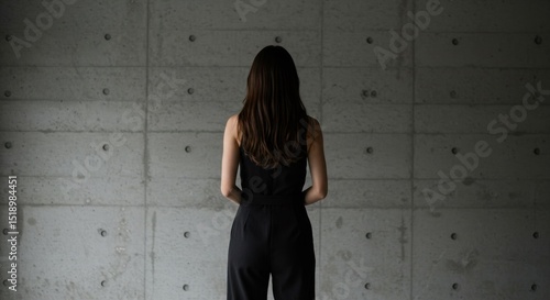 Young woman standing with back facing camera in minimalist setting with concrete wall
