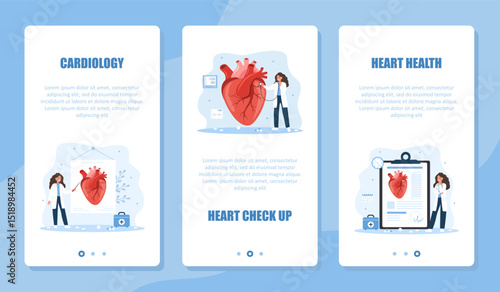 Cardiology banner set. Heart exam and treatment. Female cardiologist make diagnosis and choose therapy. ECG concept. Vector illustration in flat cartoon style. Prevention of heart diseases.