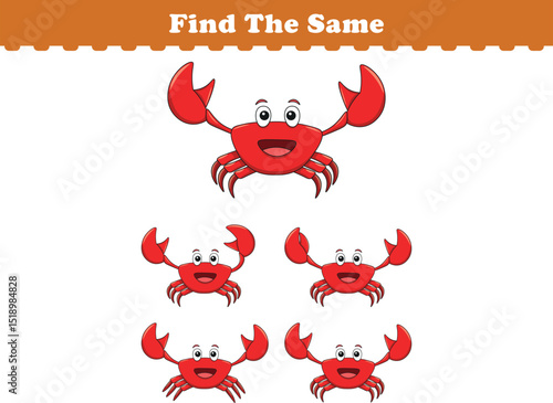 Funny cartoon crab. Find same pictures. Educational game for children. Cartoon vector illustration