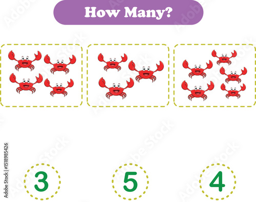 Counting game of wild animals for preschool kids. Counting crab. Printable. Vector Illustration