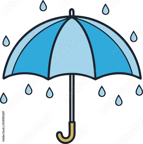 Blue umbrella vector with raindrops falling, symbolizing weather protection and rainy season. Clean, simple cartoon-style illustration. Perfect for forecasts, climate, or seasonal themes.