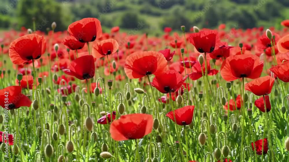 Vibrant Red Poppy Field in Full Bloom with Green Stems and Buds, Sunny Day Vibrant Red Poppy Field in Full Bloom with Green Stems and Buds, Sunny Day