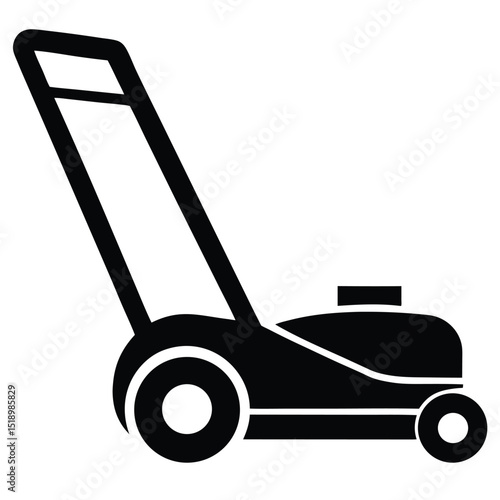 Black Silhouette Illustration of a Lawn Mower with Handle, Wheels, and Engine Detail