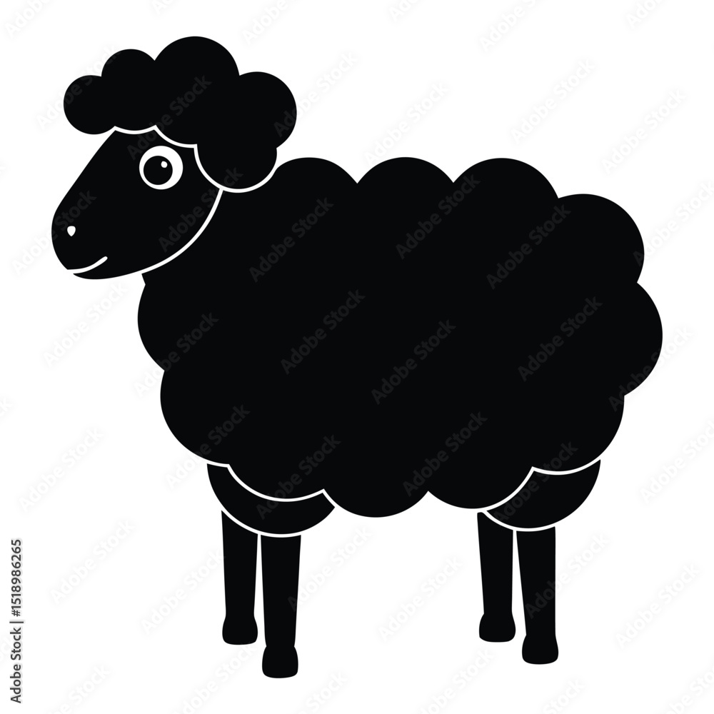 Cartoon Illustration of a Solid Black Sheep Standing on Four Legs, Smiling Cartoon Illustration of a Solid Black Sheep Standing on Four Legs, Smiling