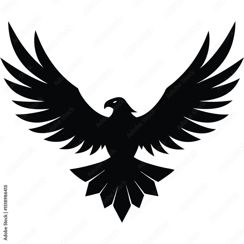 Obraz premium Dramatic Black Eagle Silhouette with Open Wings, Geometric Tail Feathers Isolated on White