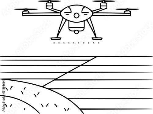 Agricultural Drones. Drone Spraying Crops on Farm Field - Line Art Vector Illustration