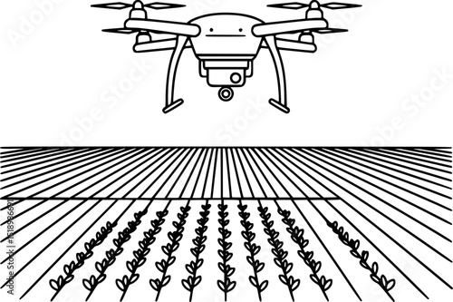 Agricultural Drones. Drone Spraying Crops on Farm Field - Line Art Vector Illustration