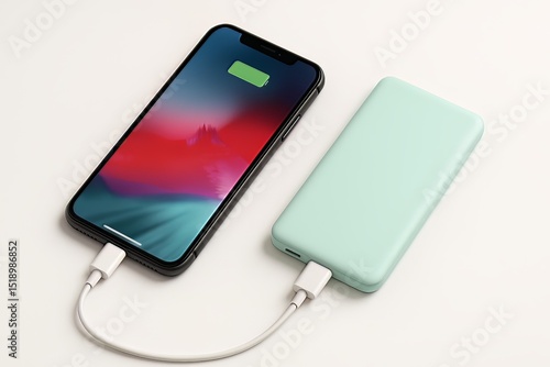 Smartphone charging with a power bank showing a charging indicator on the phone screen on white surface