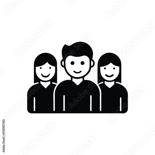 Man Standing Between Two Women, All with Smiling Faces, Black and White Simple Icon