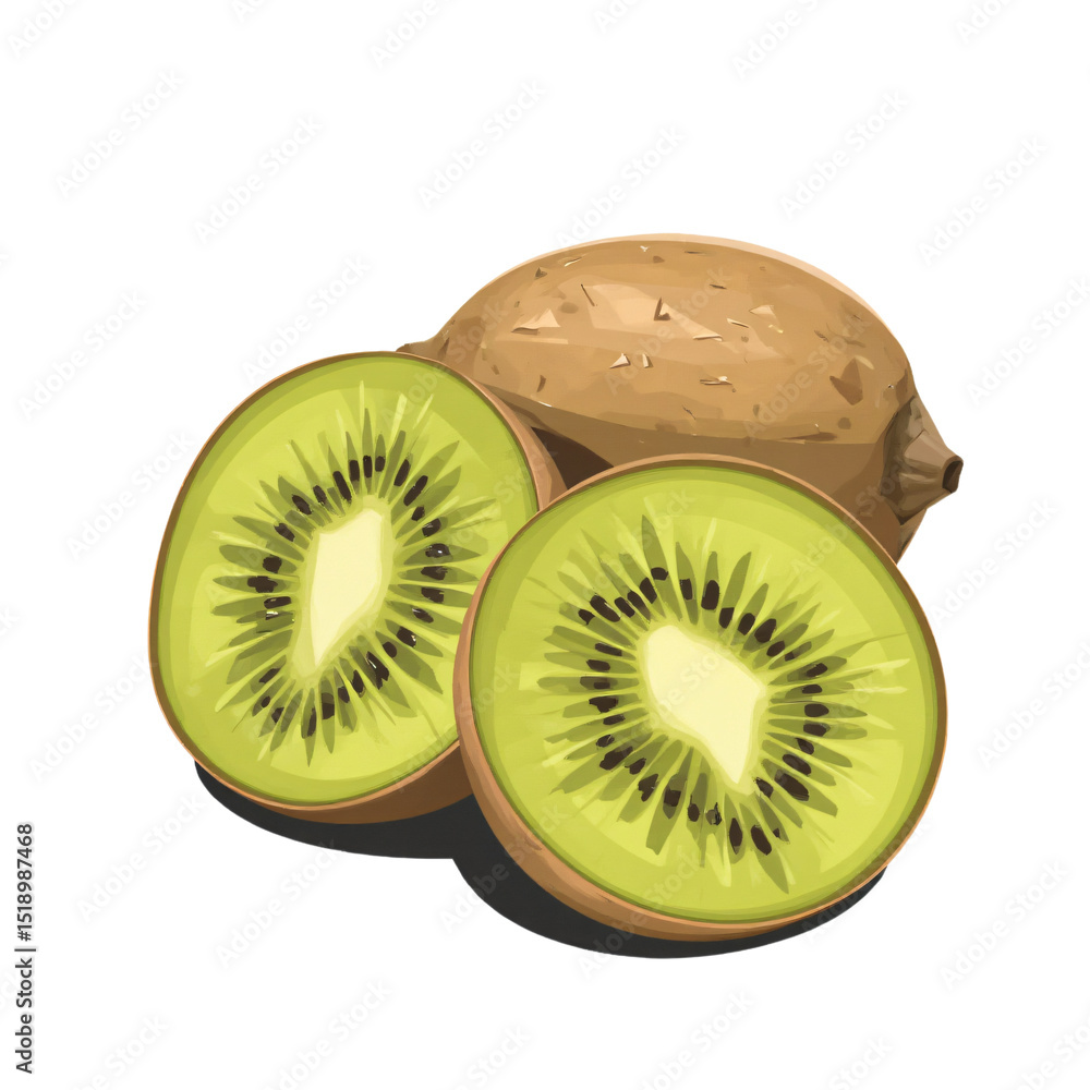 Obraz premium Realistic digital illustration of a sliced kiwi showing bright green flesh and crisp edges on a white background.