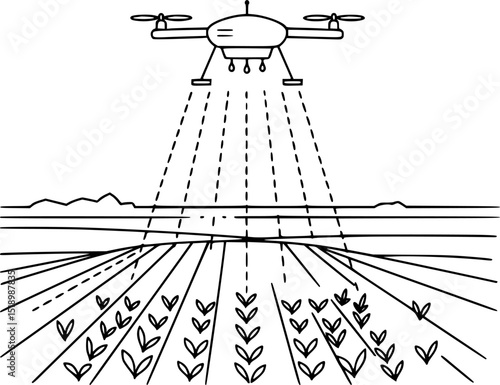 Agricultural Drones. Drone Spraying Crops on Farm Field - Line Art Vector Illustration