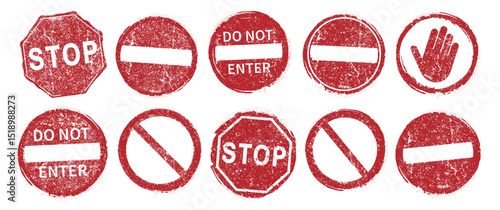 STOP no entry road sign icon shape set. Traffic Prohibition logo symbol. Vector illustration image. Isolated on white background. Not allowed direction sign. No trespassing. Do not enter. Grunge stamp