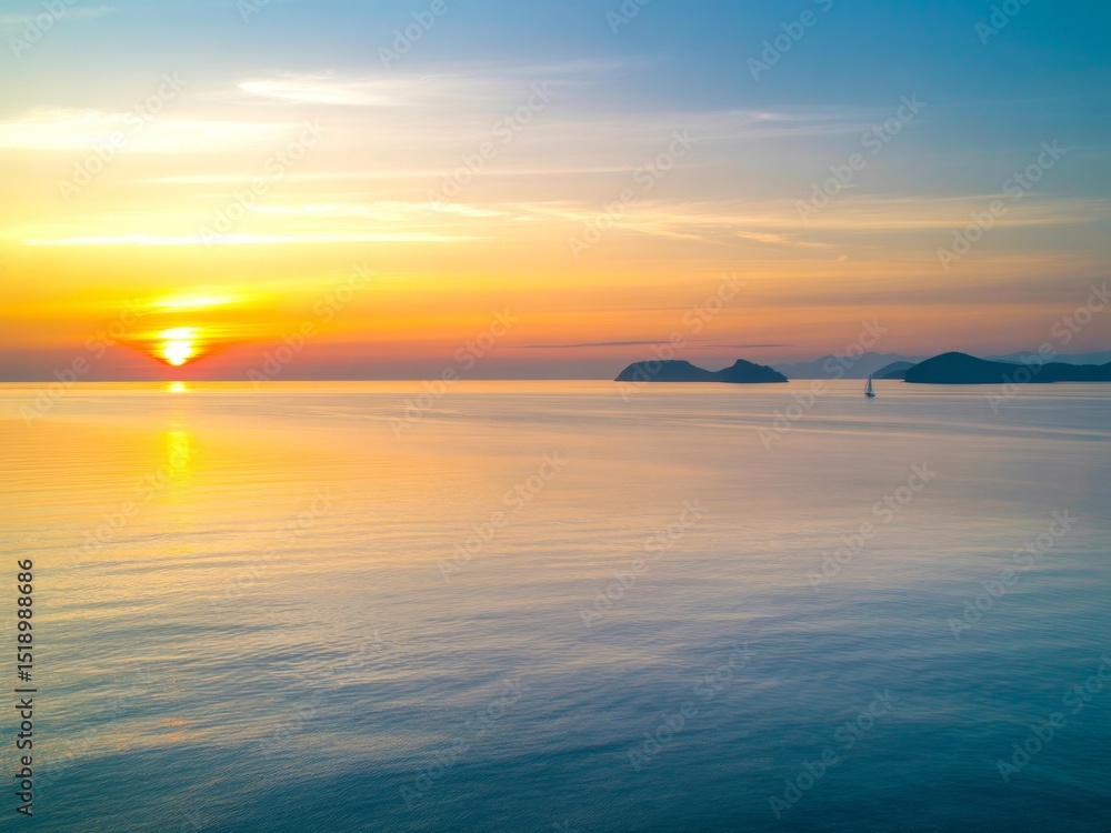 Obraz premium Serene sunset over calm ocean with distant islands