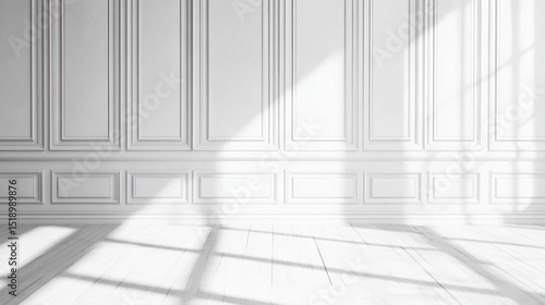 Empty white room with paneled walls and sunlight.