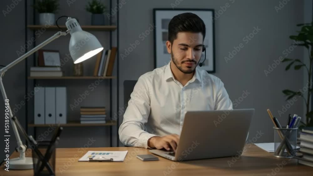 Focused professional working late at night on laptop in home office setup Focused professional working late at night on laptop in home office setup