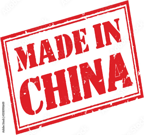 A red made in china stamp with a double border indicating origin of product on transparent background