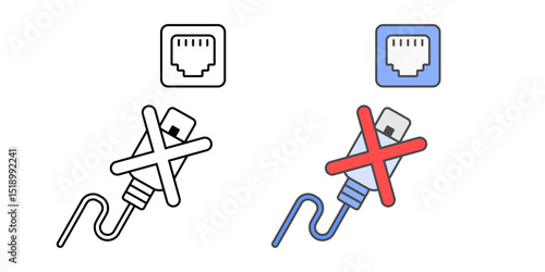 Network cable unplugged icon in outline and color styles, vector illustration representing disconnected internet, LAN unplug issue, or network failure in IT troubleshooting.