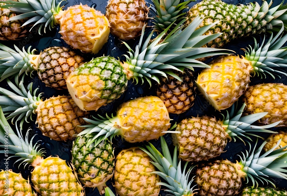 Geometric Pineapples with Water Drops, High Angle Shot Geometric Pineapples with Water Drops, High Angle Shot