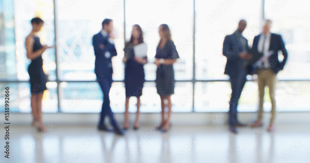 Fototapeta premium Blur, business people and group in office, conversation and teamwork with accounting. Employees, cooperation and financial advisors in workplace, economy analyst and diversity with discussion