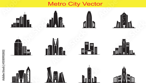 Metro City Building Silhouette Icon Collection Set Vector Illustration on White Background