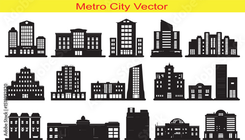 Metro City Building Silhouette Icon Collection Set Vector Illustration on White Background