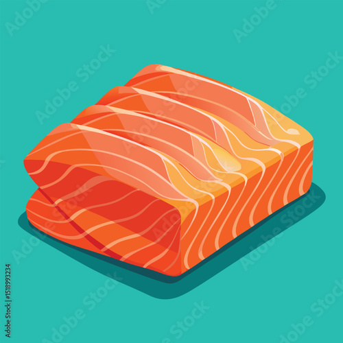 Isometric Illustration of Fresh Salmon Fillet on a Teal Background