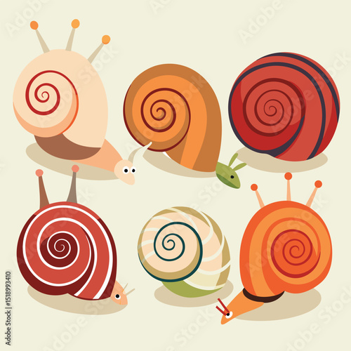 Colorful Cartoon Snails with Swirled Shells on a Light Beige Background