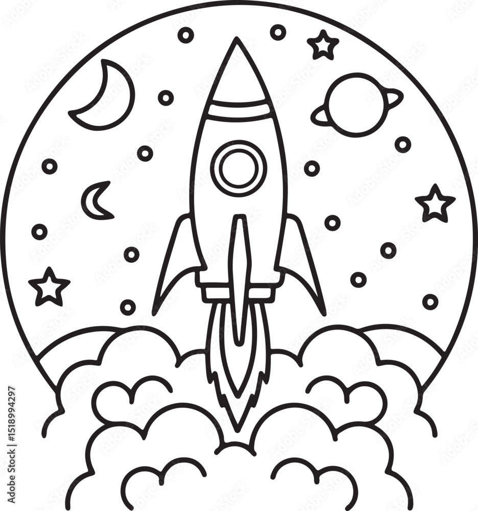 Fototapeta premium Adorable Cute Rocket Coloring Pages - Fun Spacecraft & Kawaii Rocket Ship Designs for Kids, Printable PDF, Easy & Whimsical Space Art & Illustration