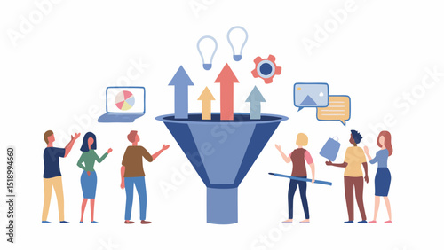 Illustration of people around a marketing funnel with arrows and icons representing data flow and ideas