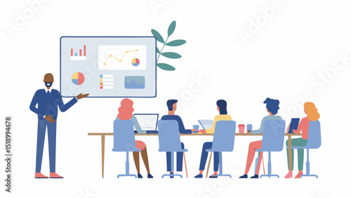 Man presenting data to a group of people sitting at a table with laptops and coffee cups shown on a screen
