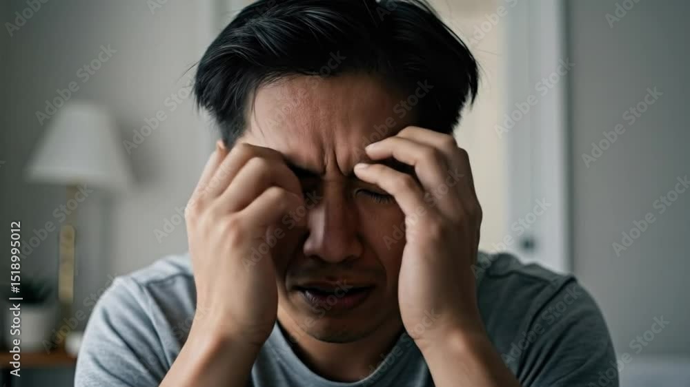 Man suffering intense headache severe pain overwhelming distress desperate need help Man suffering intense headache severe pain overwhelming distress desperate need help