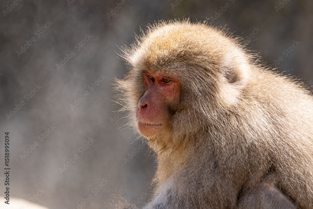 Obraz premium Japanese maqaque or snow monkey with pinkish face and brown or greyish hair outdoor at daytime in the Jigokudani Monkey Park in Yamanouchi Nagano Prefecture in the wilderness of Japan.
