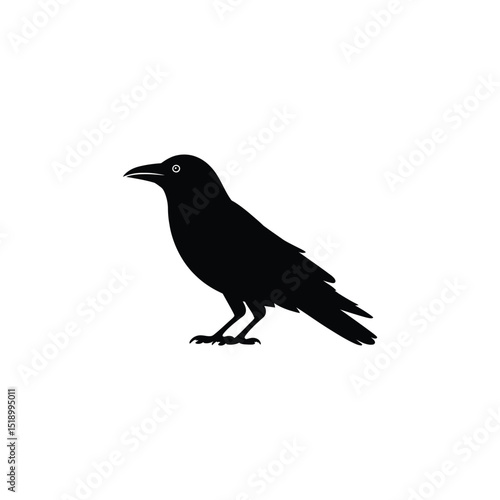 Simple Black Raven Silhouette Standing Bird on White Background Artistic Design