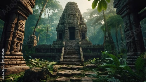 Fototapeta Naklejka Na Ścianę i Meble -  Ancient temple ruins in a lush green jungle with stone steps leading up to the entrance way in the jungle