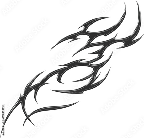 3d chrome metal of y2k tribal sigilism tatto. Flame shape in liquid mercury. 3d illustration of abstract neo tribal cyber sigil metallic melted modern burn form, design element. 3D Illustration