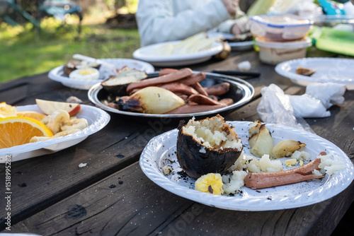 Papier peint Used plates and leftover grilled food tell the story of a joyful picnic just ended in the forest