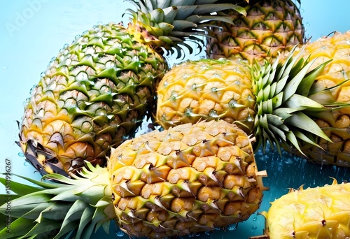 Tilted View of Juicy Pineapples with Water Drops