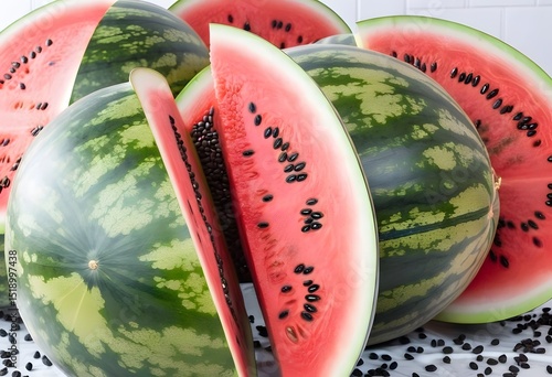Fresh Juicy Watermelons with Water Drops, Eye Level View