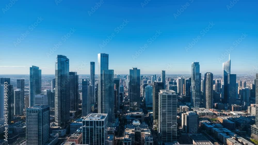 Aerial cityscape of Toronto featuring modern skyscrapers against bright blue sky and urban landscape Aerial cityscape of Toronto featuring modern skyscrapers against bright blue sky and urban landscape