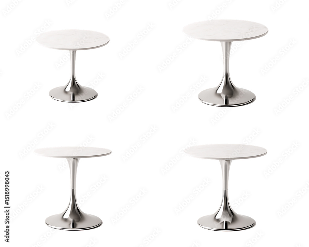 Four Minimalist White Tulip Tables on Transparent Background, PNG Four Minimalist White Tulip Tables on Transparent Background, PNG