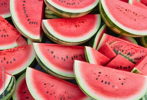 High Angle: Overhead shot of many ripe juicy watermelons covered with water drops, sliced and whole