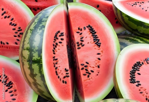 Glossy Juicy Watermelons with Water Drops, Eye Level Freshness